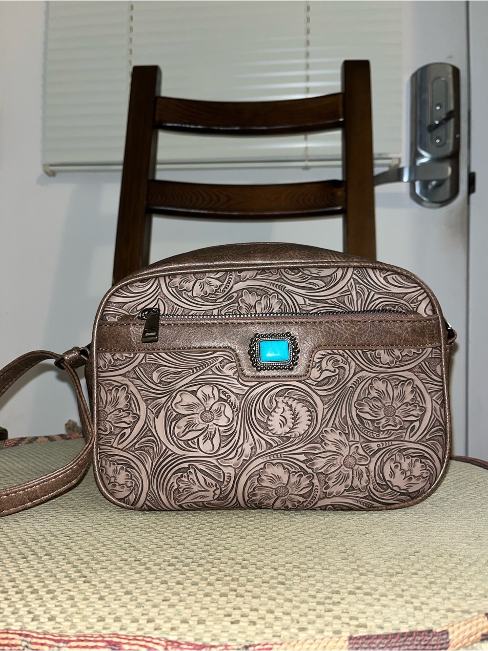 Embossed Floral Crossbody Bag with Turquoise Accent - Brown
